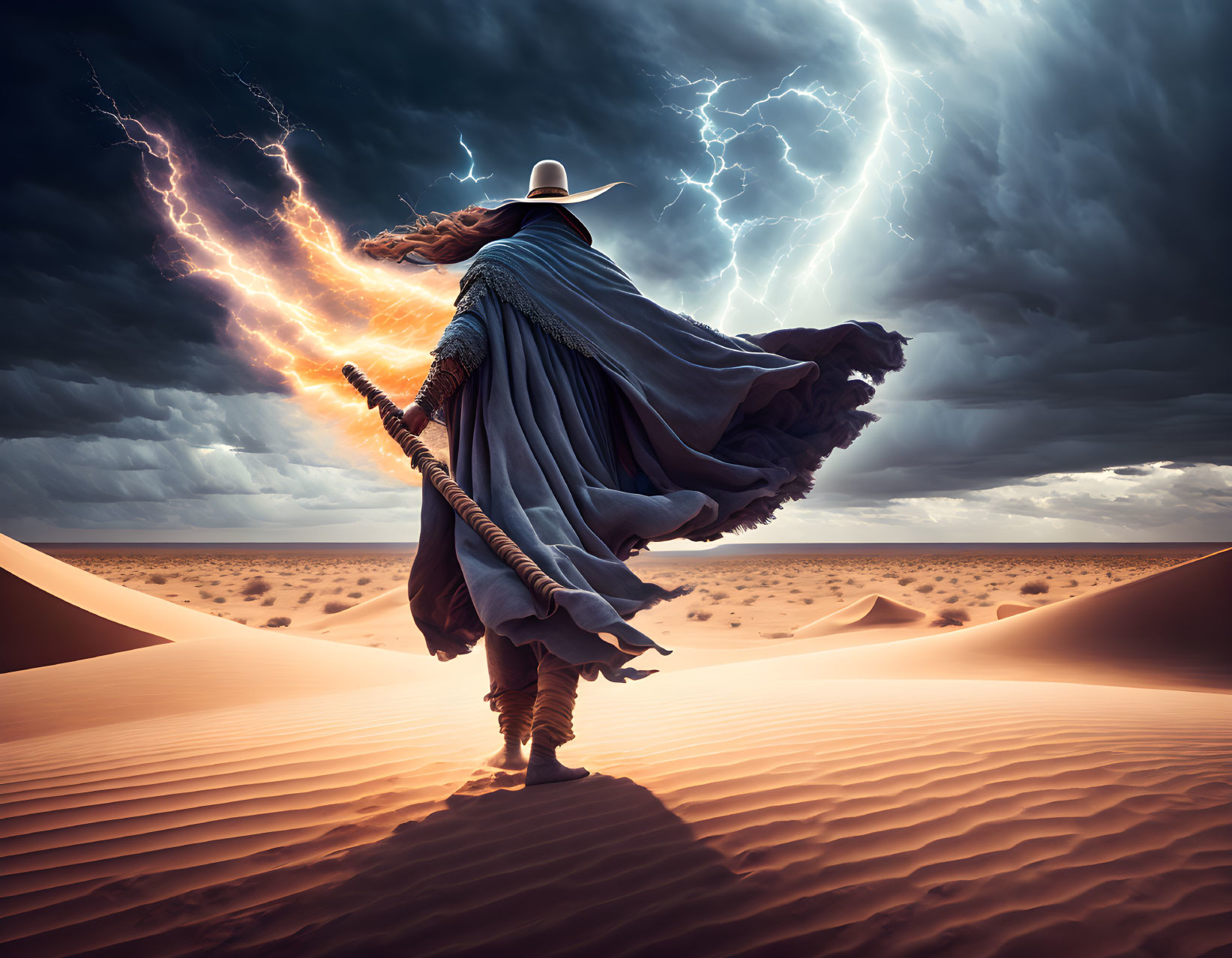 Cloaked figure with staff in desert under dramatic sky