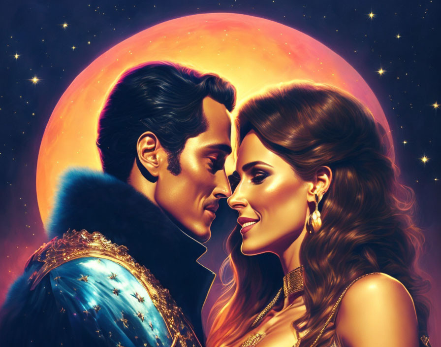 Romantic couple with man in blue jacket and cosmic backdrop.