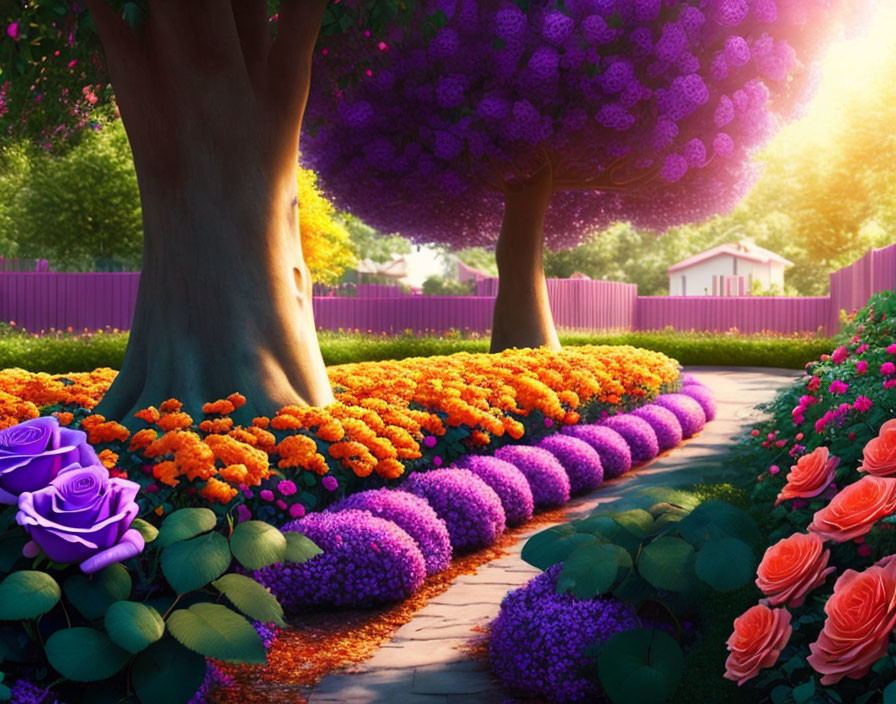 Colorful garden path with orange and purple flowers, purple trees, pink fence, and house.