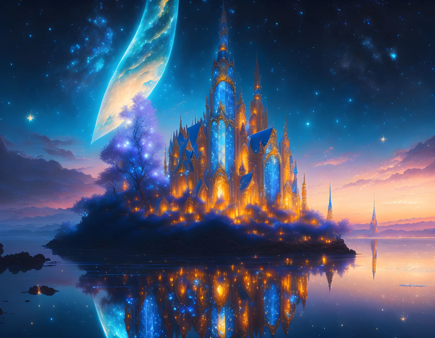 Fantastical digital artwork: Glowing blue castle on island with comet in starry sky