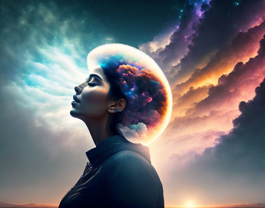 Profile of a woman with cosmic cloud halo and starry sunrise background