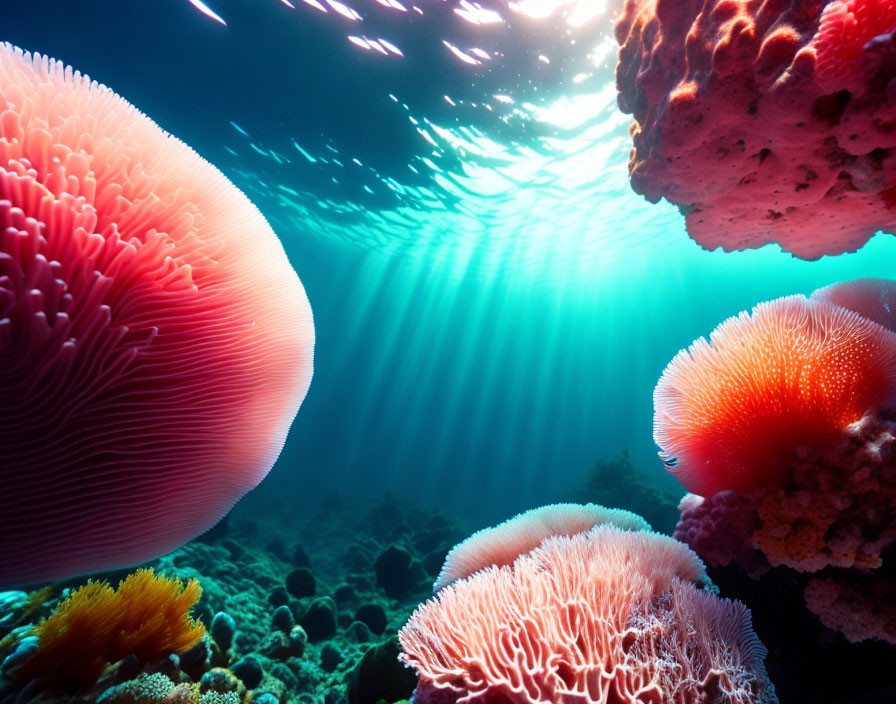 Colorful Coral Reef with Sunlight Rays in Ocean