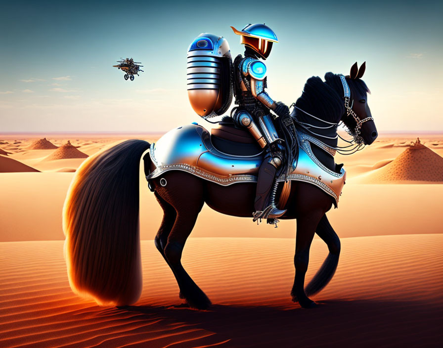 Futuristic knight in blue and silver armor on mechanical horse in desert with flying drone