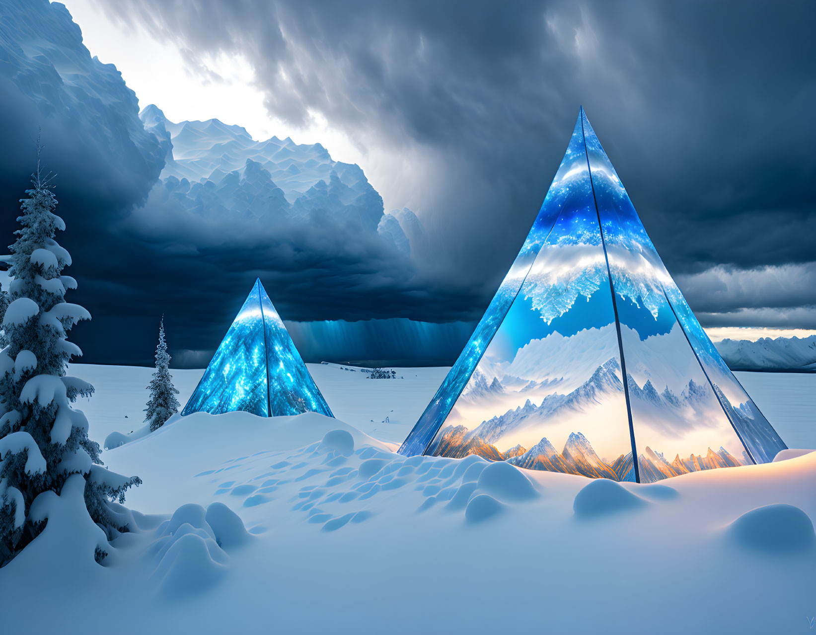 Snow-covered landscape with crystalline pyramids under stormy sky