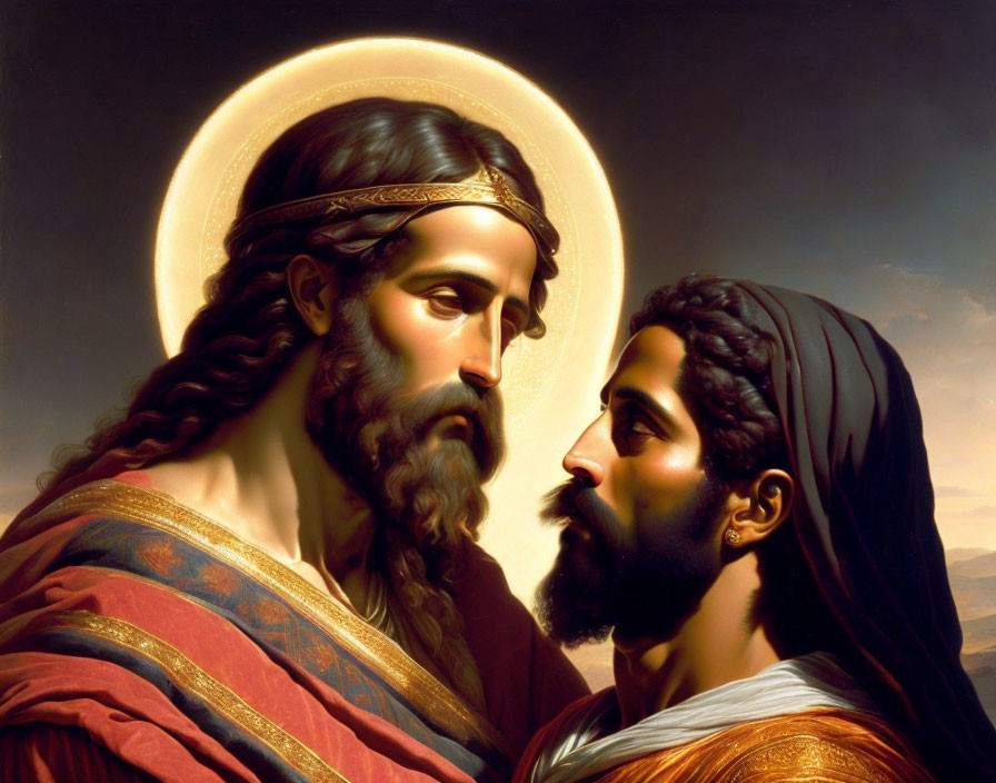 Classic Painting of Two Bearded Figures with Halo on Dark Background