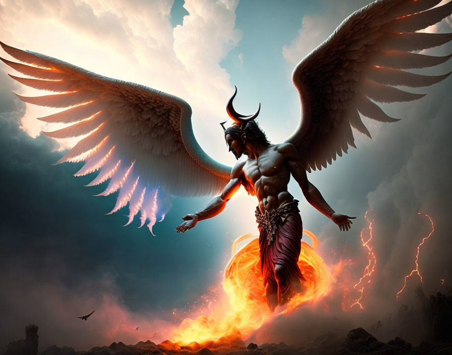 Mythical creature with horns and wings in fiery stormscape