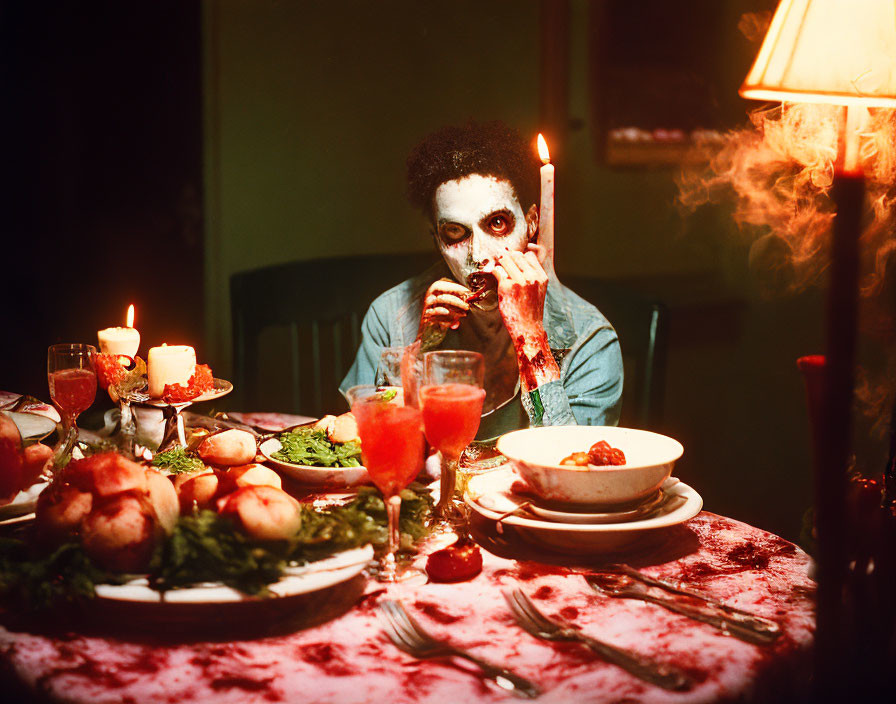 Skull-faced person dining at candlelit table with bone and smoke