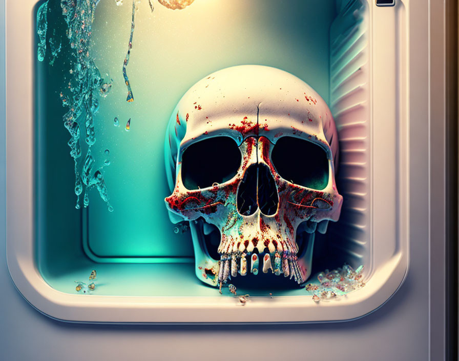 Bloodstained human skull in water with droplets in sink