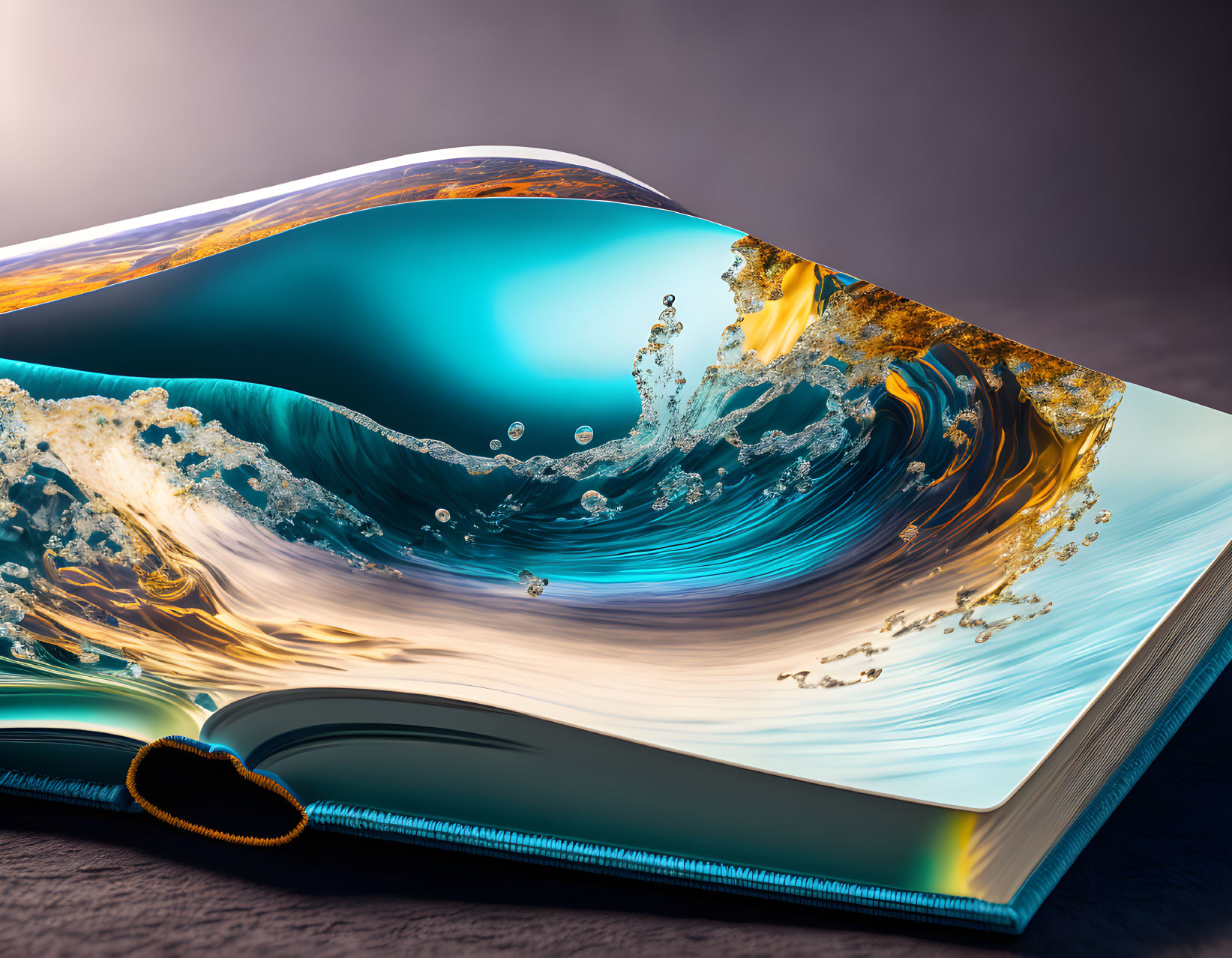 Open book pages transform into dynamic ocean wave: literary and visual art blend.