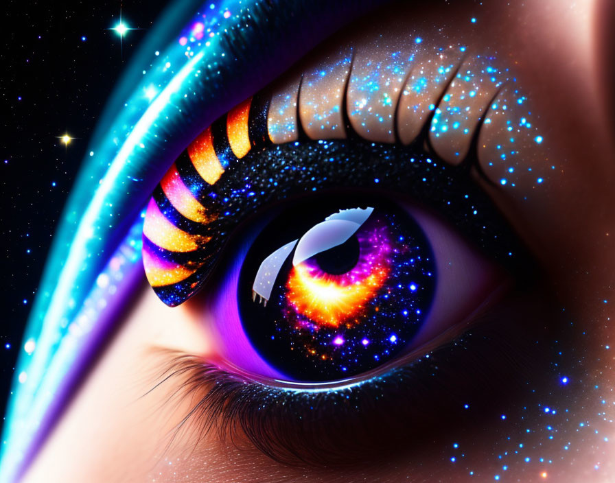 Digital art: Eye close-up with cosmic galaxy motif, neon spectrum, and glittering stars