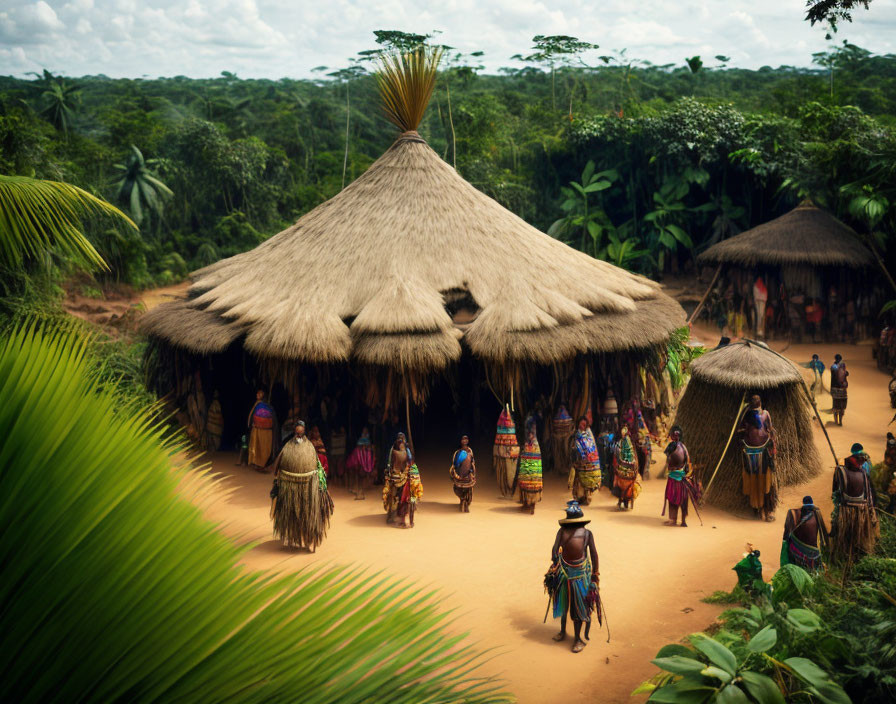 Thatched huts and people in colorful attire in lush rainforest clearing