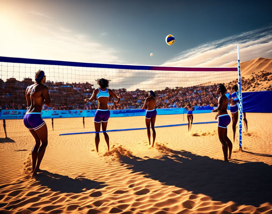 Women's Beach Volleyball Match Under Sunny Sky with Spectators