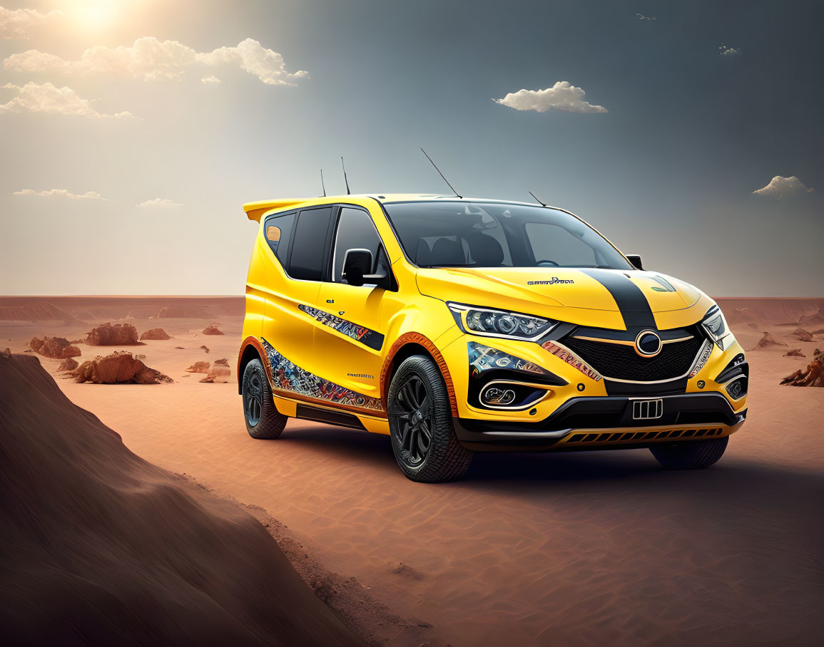 Yellow vehicle with colorful graphics parked in sandy desert landscape