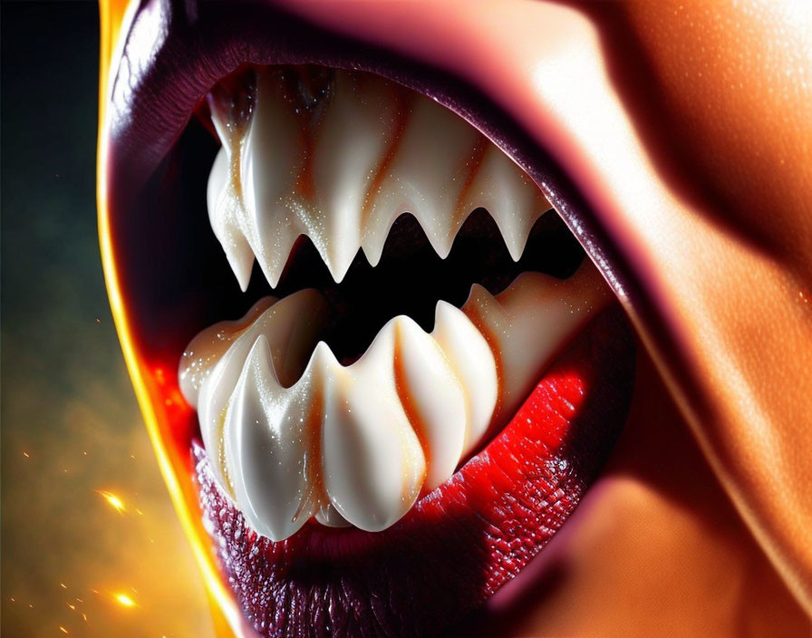 Detailed close-up: fierce creature's teeth on fiery background