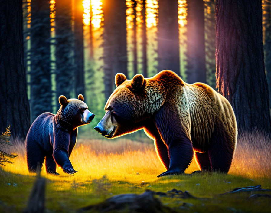 Mother Bear and Cub in Golden Sunset Forest Scene