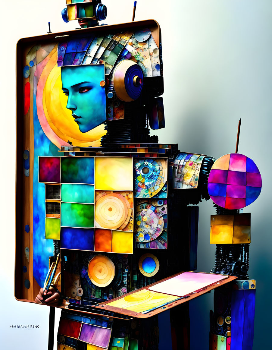 Colorful Abstract Art: Figure with TV Head & Mechanical Elements