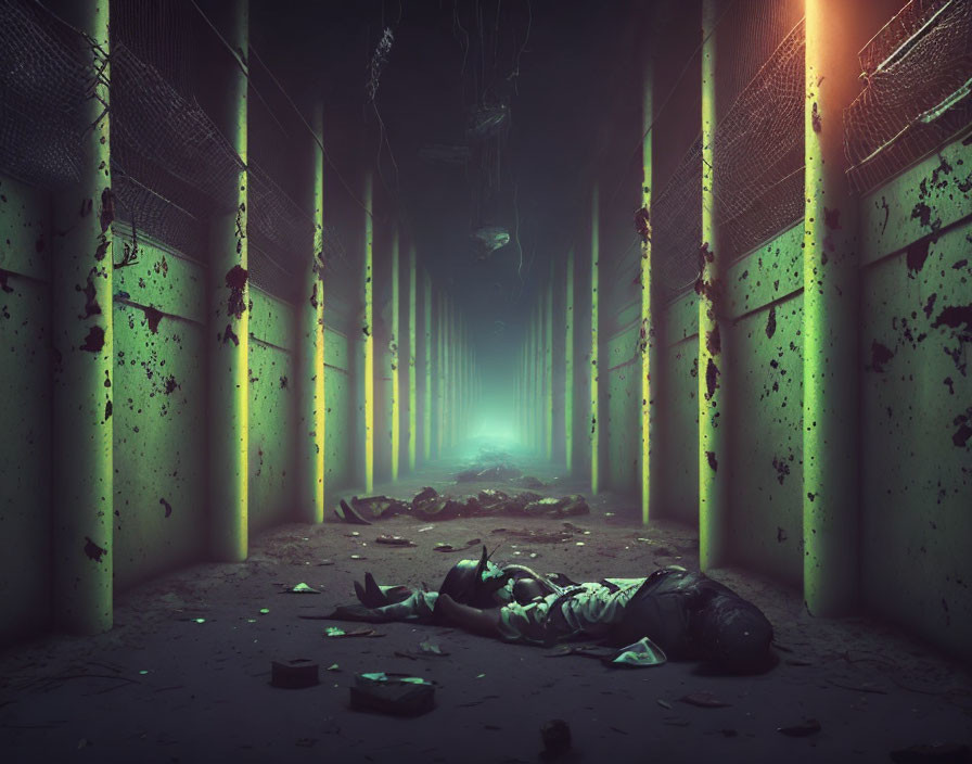 Eerie corridor with damaged walls, flickering lights, and mysterious green glow.