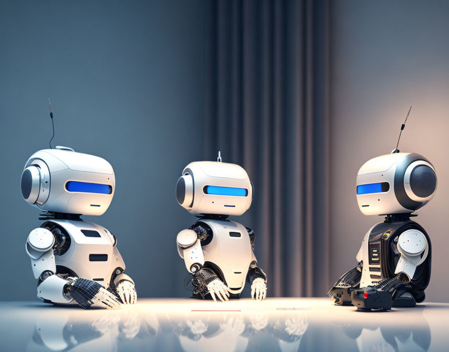 Three anthropomorphic modern robots in white and blue colors on neutral background.