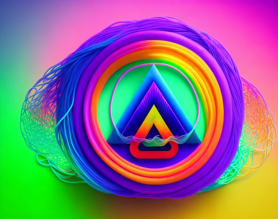 Colorful digital art: layered circles, radiant gradient, triangular centerpiece on multicolored background