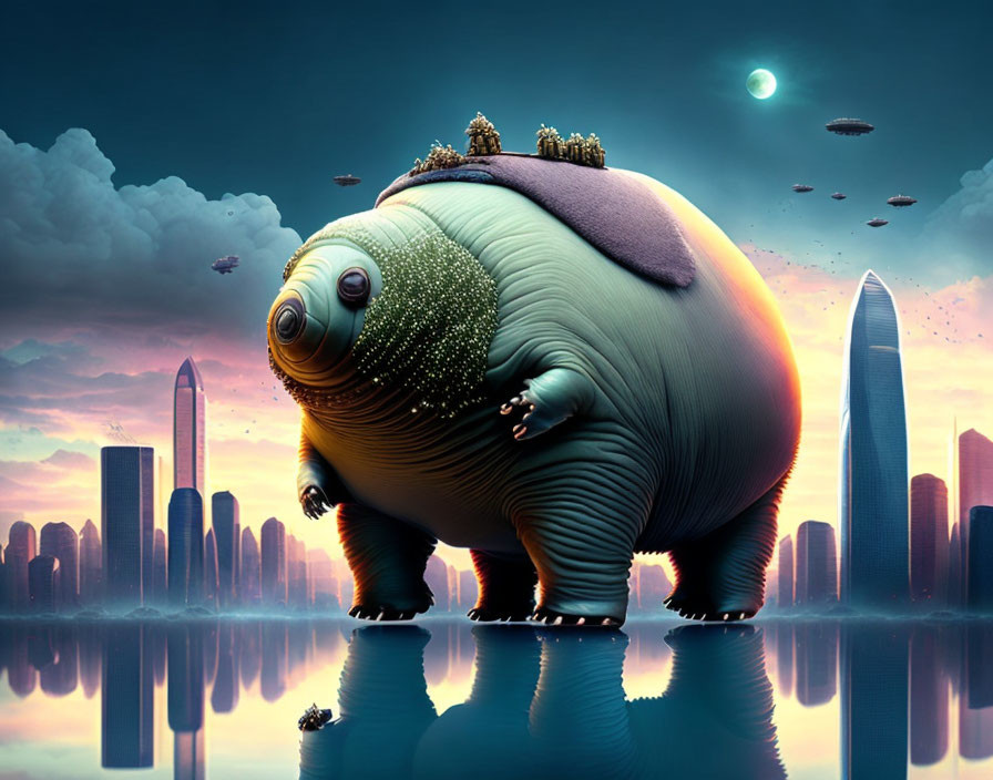 Round fluffy creature with cityscape on its back in surreal setting