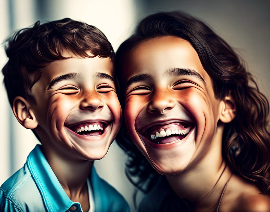 Two smiling children in blue and brown shirts, displaying a close bond