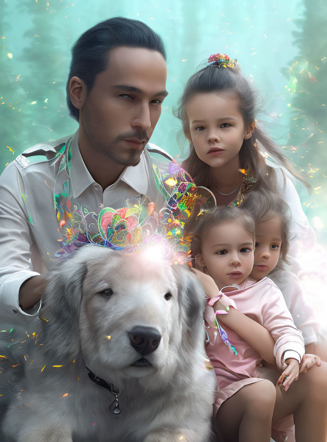 Man with Two Girls and White Dog in Magical Scene