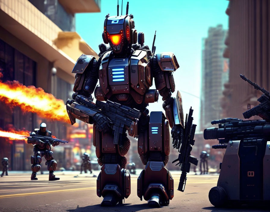 Giant humanoid robot firing weapon on city street with smaller robots