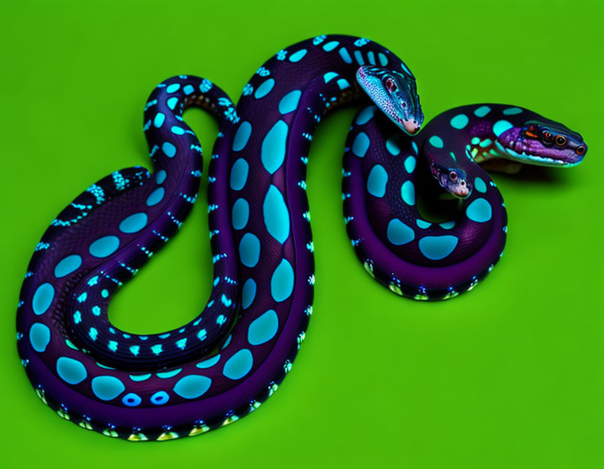 Vibrant blue and purple snakes with neon green eyes on green background