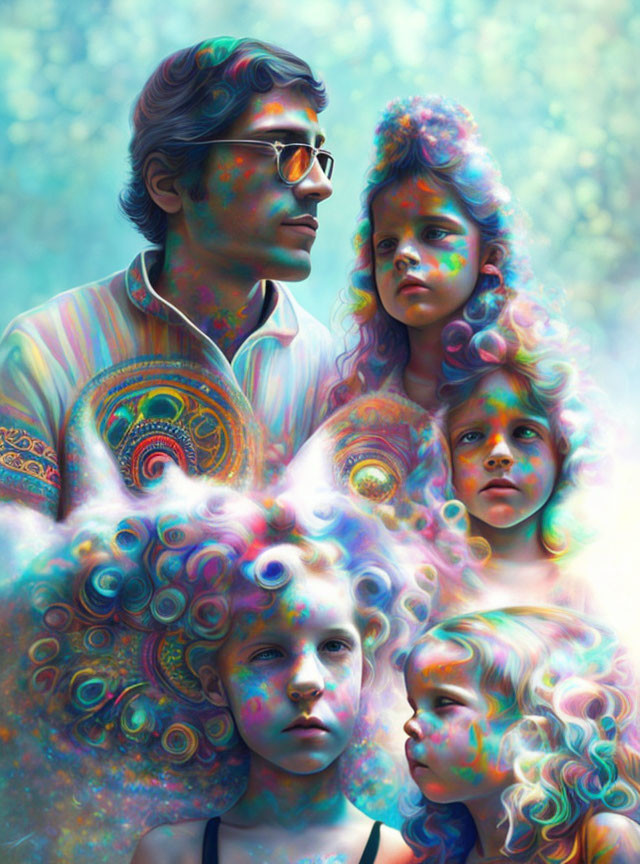 Colorful Digital Artwork: Man with Glasses and Three Children in Psychedelic Patterns