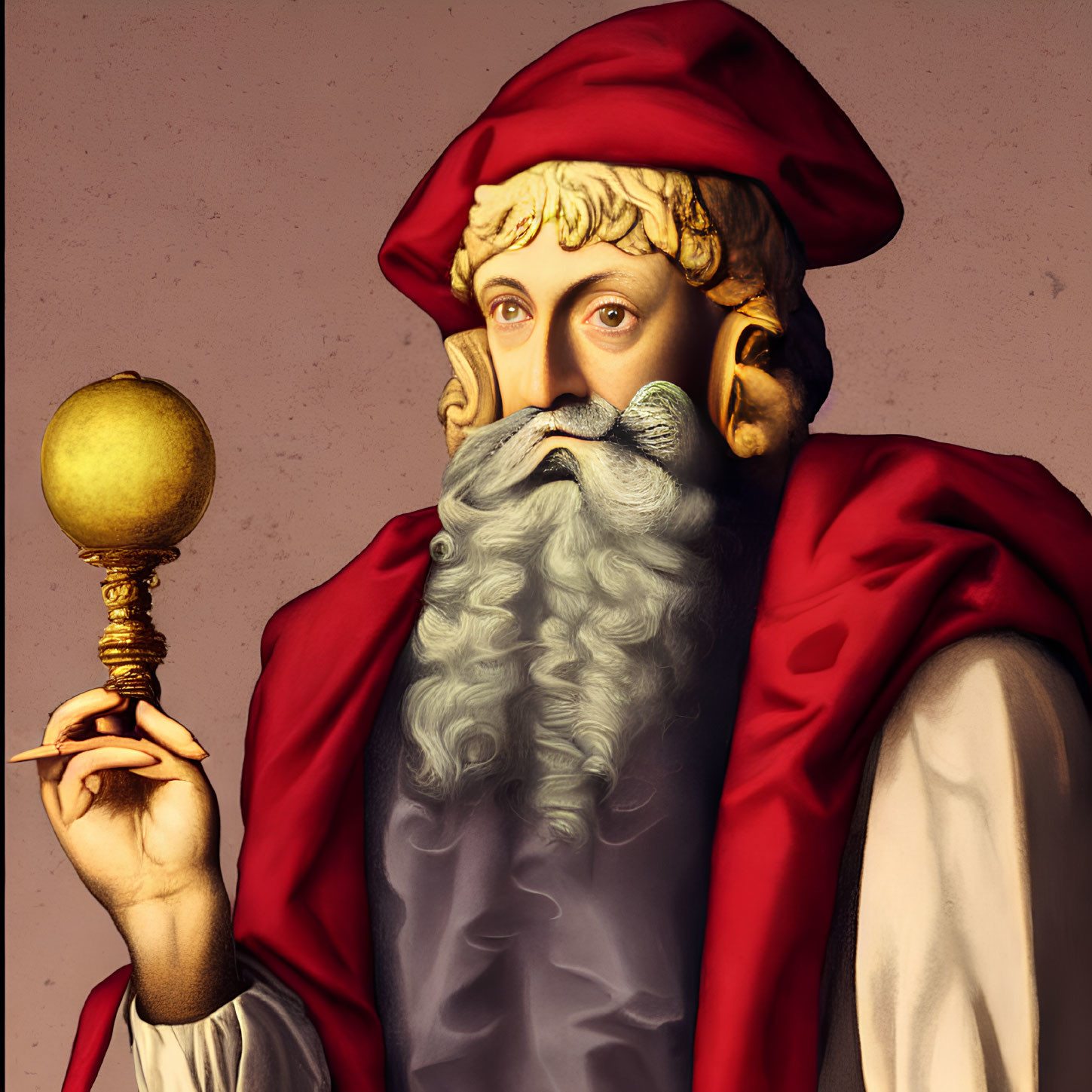 Man with Long Gray Beard in Red Hat and Robe Holding Golden Orb