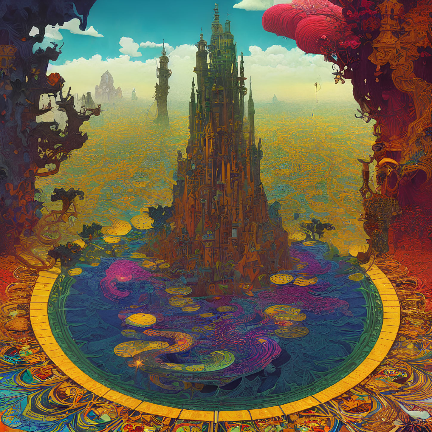 Colorful fantasy artwork of intricate castle in vibrant landscape