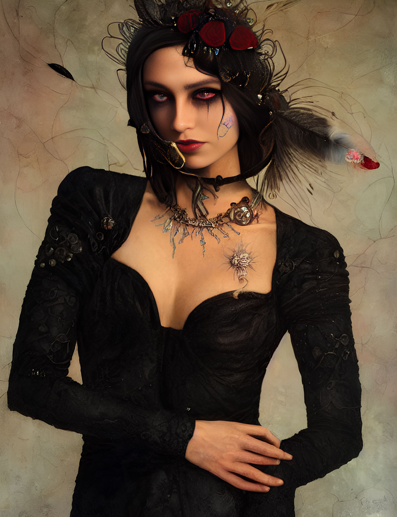 Gothic woman in ornate dress with feathered headpiece