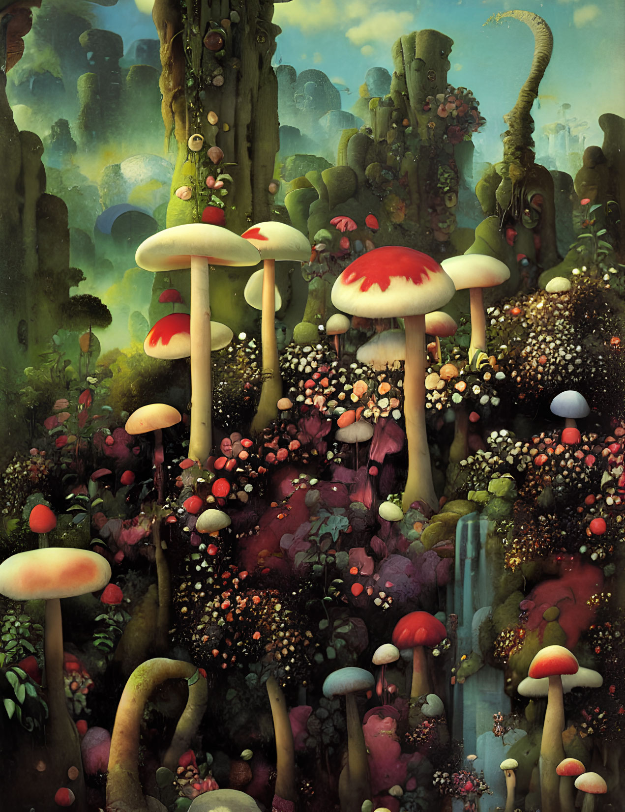 Vibrant oversized mushrooms in lush forest setting