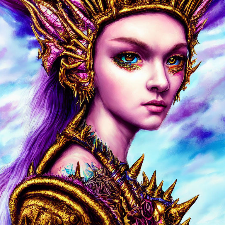 Detailed artwork of person in golden armor with dragon-like helmet and green eyes against purple backdrop