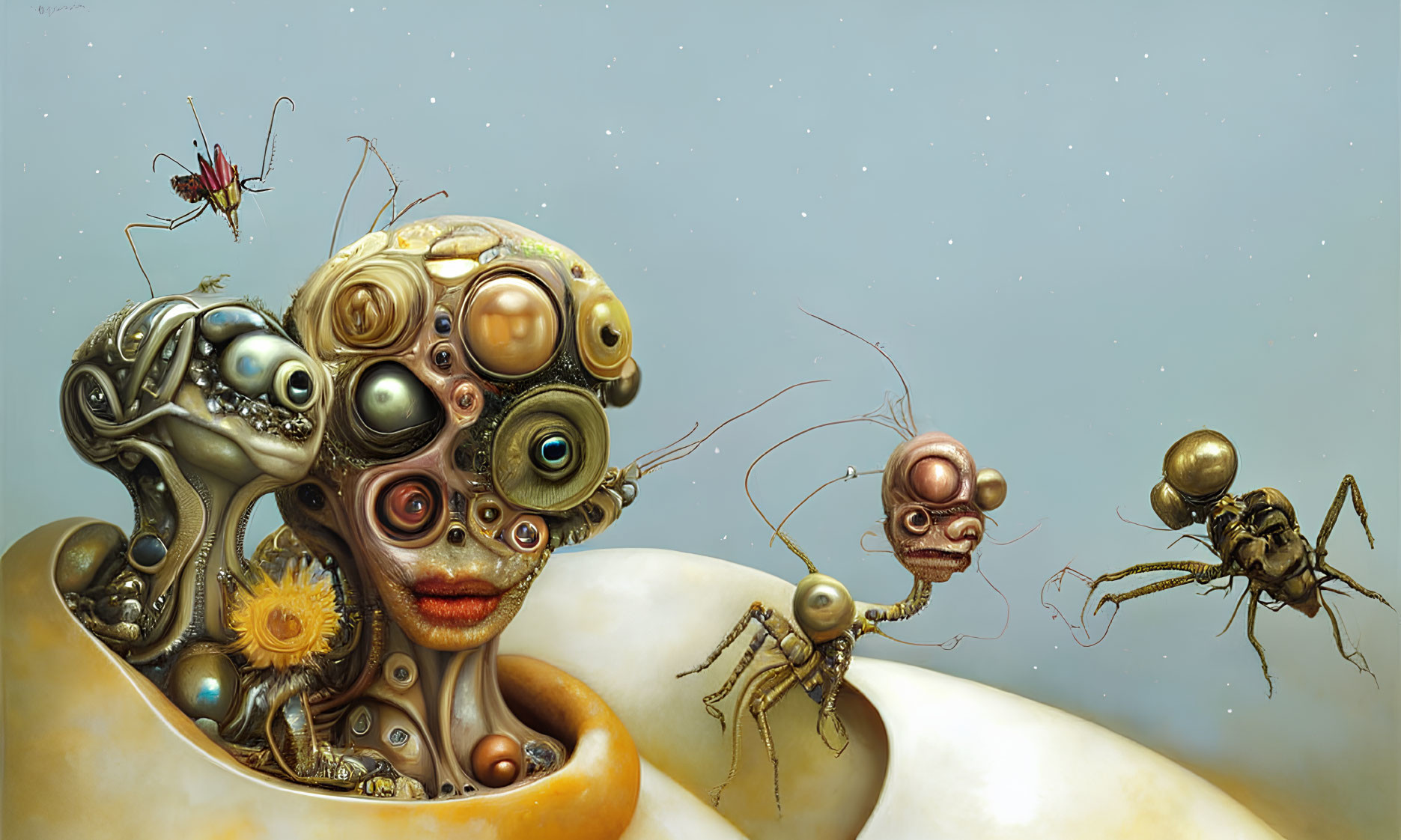 Surreal Artwork: Humanoid Faces with Mechanical and Organic Elements