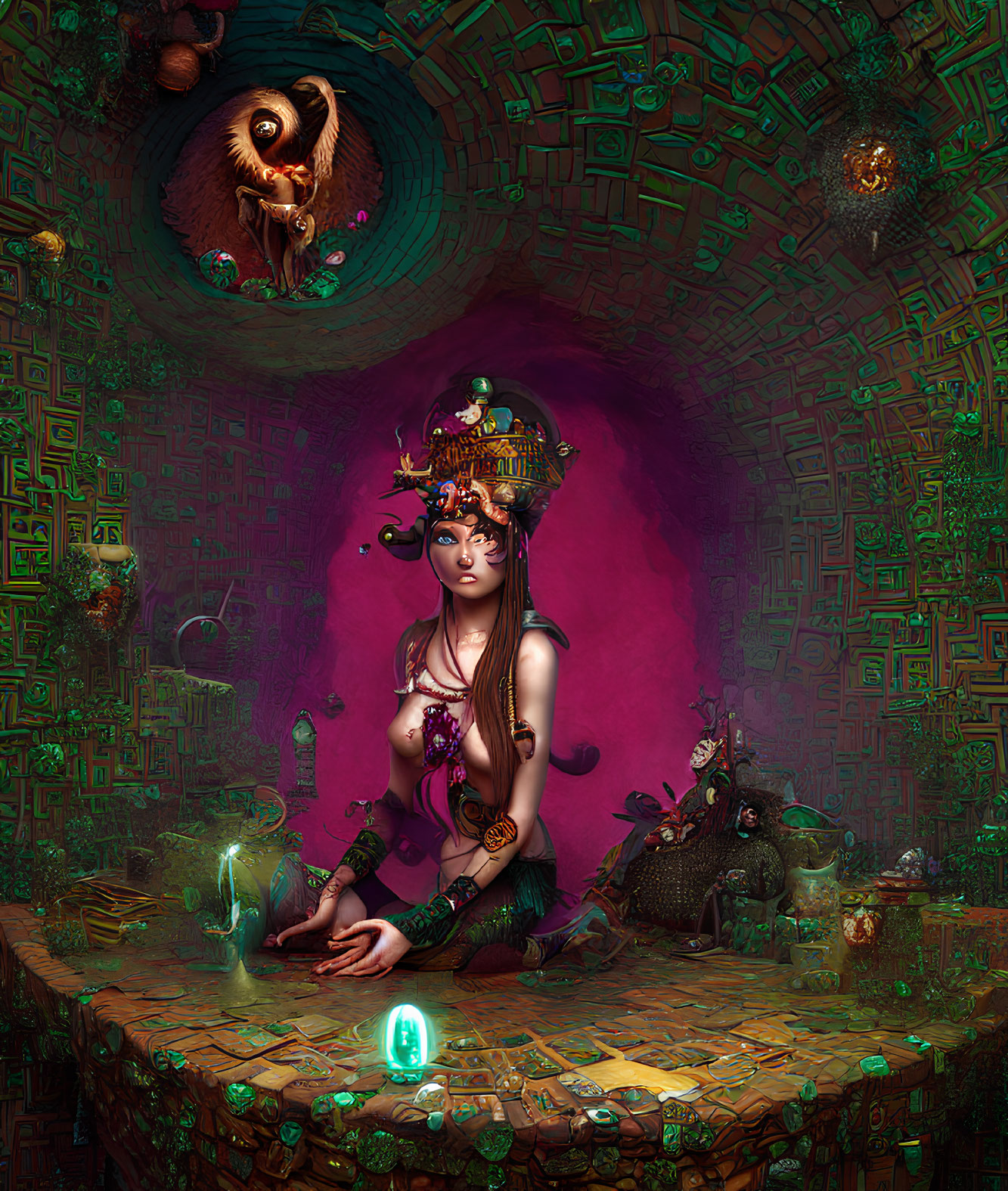 Fantasy artwork of woman with intricate headgear and mystical artifacts