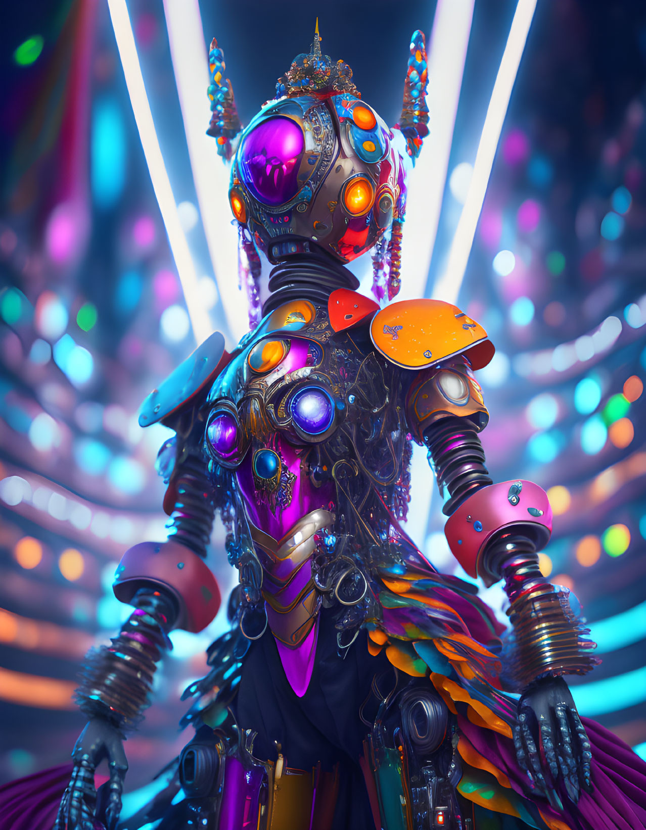 Colorful futuristic robot with glowing purple accents on vibrant backdrop