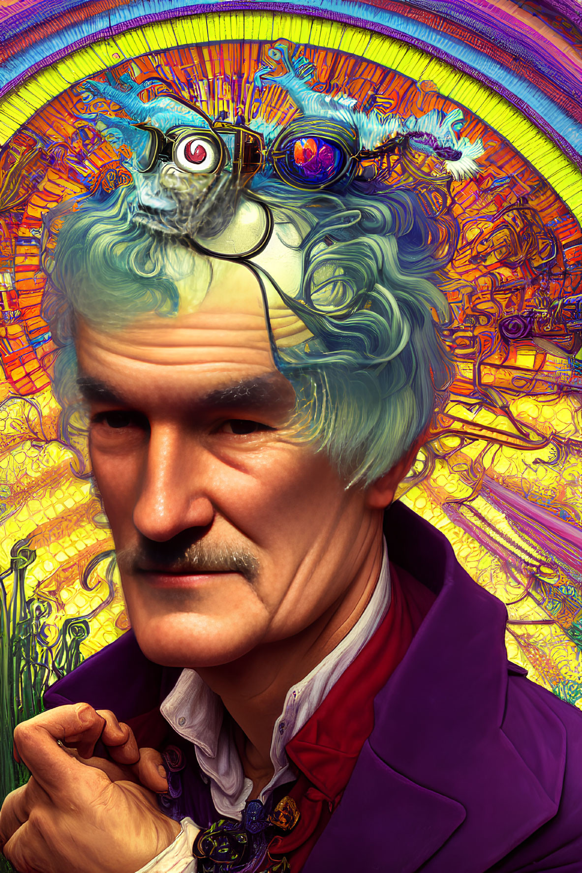 Colorful portrait of a man with mustache and steampunk goggles surrounded by intricate backdrop and snake