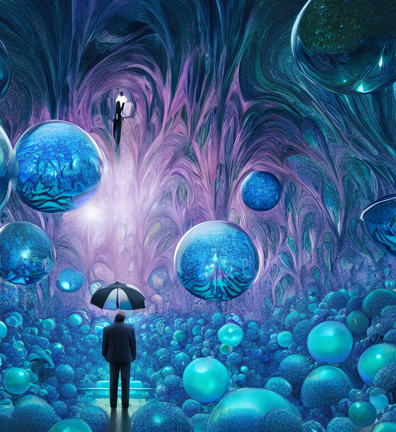 Surreal landscape with two men, umbrella, floating orbs, and intricate purple vegetation