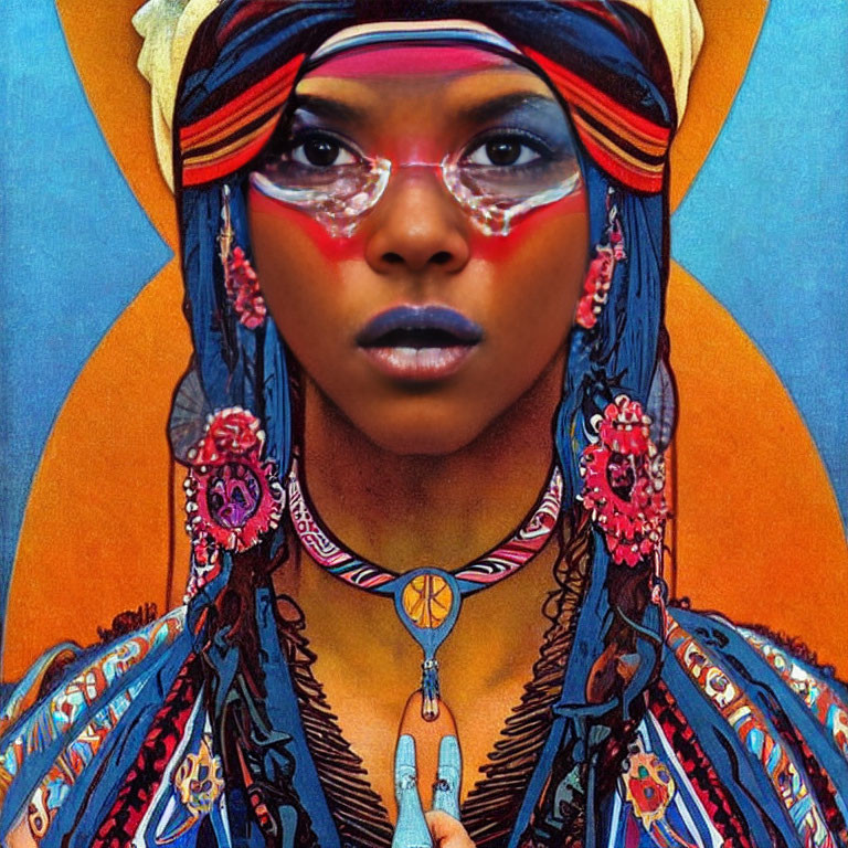 Colorful Turban Woman with Striking Face Paint on Orange and Blue Background