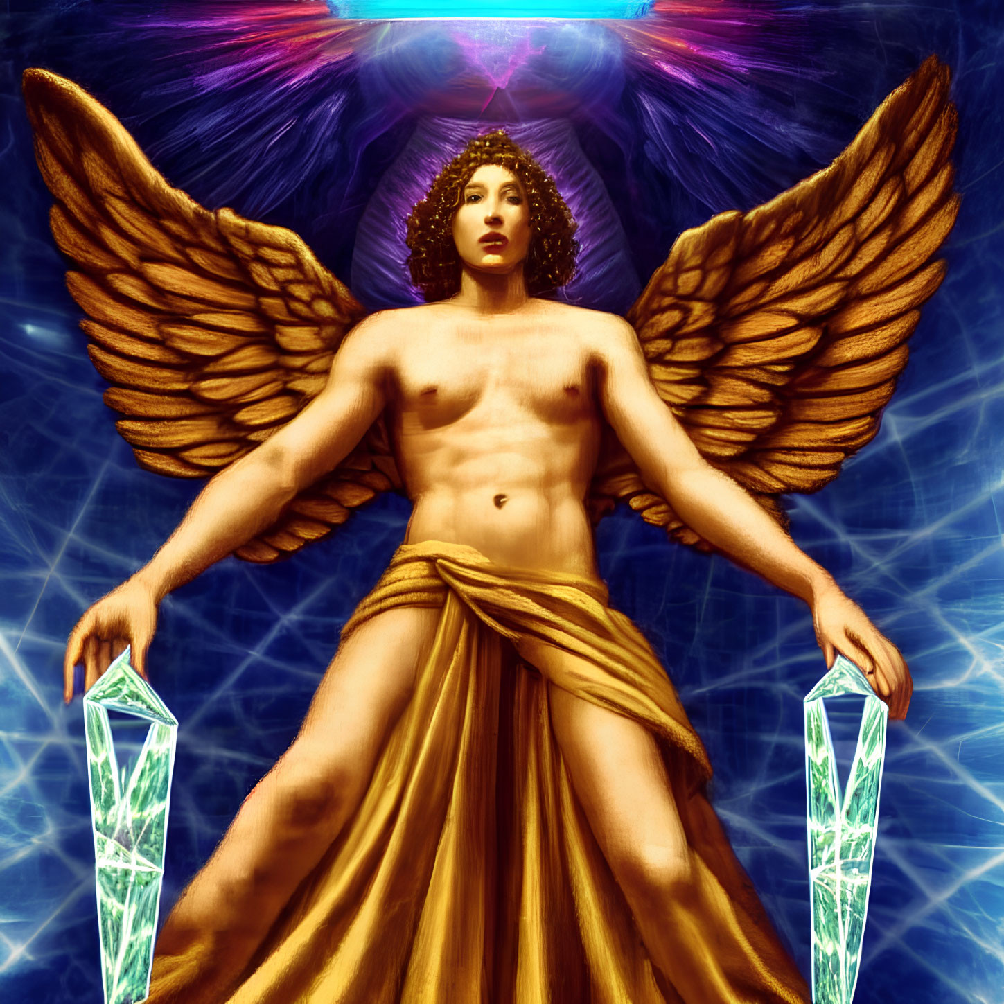 Winged figure with halo holding crystals in cosmic setting