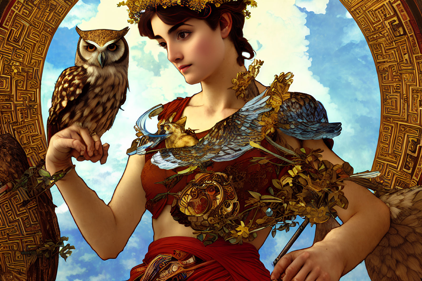 Stylized Greek mythology woman with owl, laurel, armor, ornate backdrop