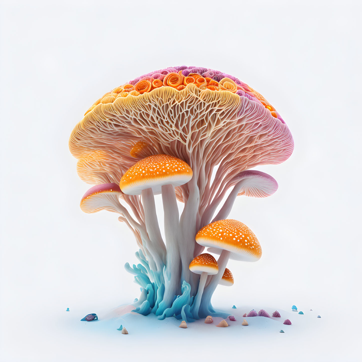 Whimsical digital illustration of oversized mushrooms and colorful stones