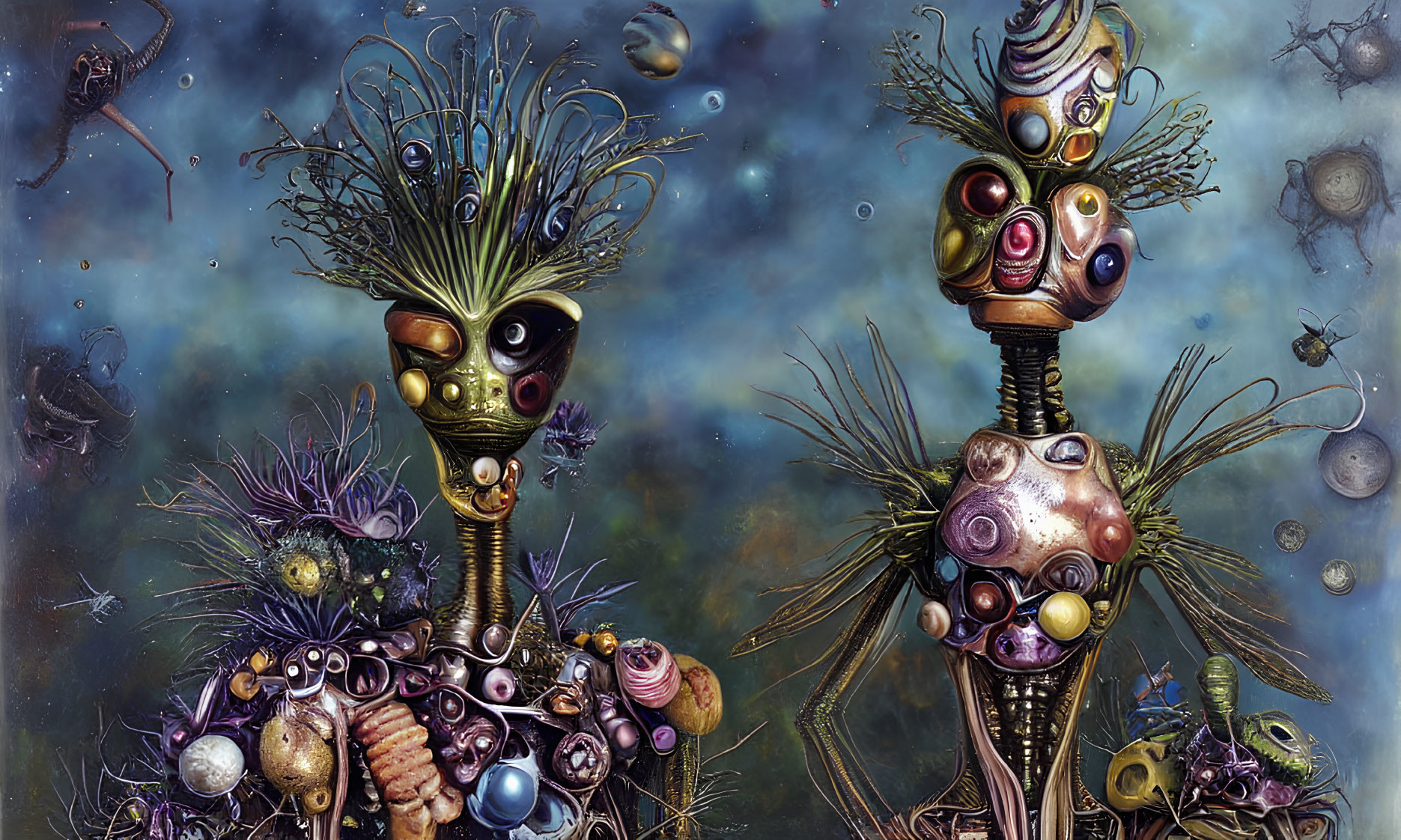 Abstract alien-like creatures in cosmic scene with biological and mechanical elements