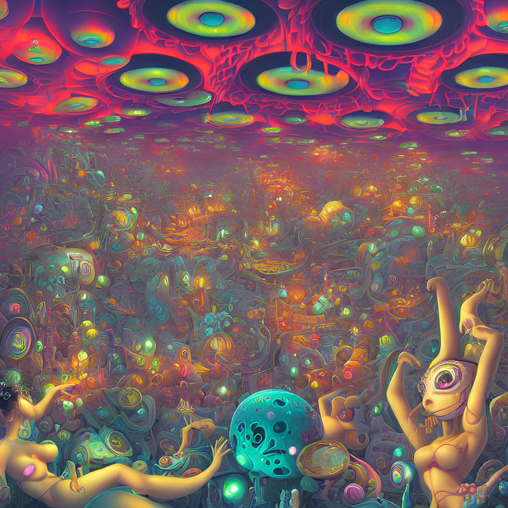 Colorful Psychedelic Landscape with Bizarre Creatures and Floating Eyes