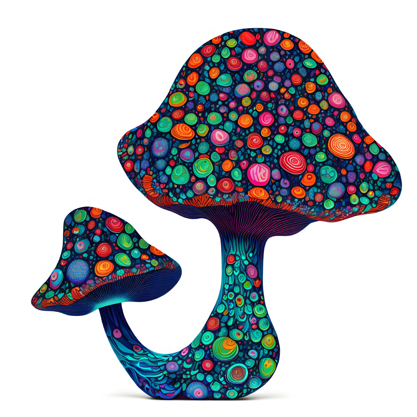 Vibrant, patterned psychedelic mushrooms on white background