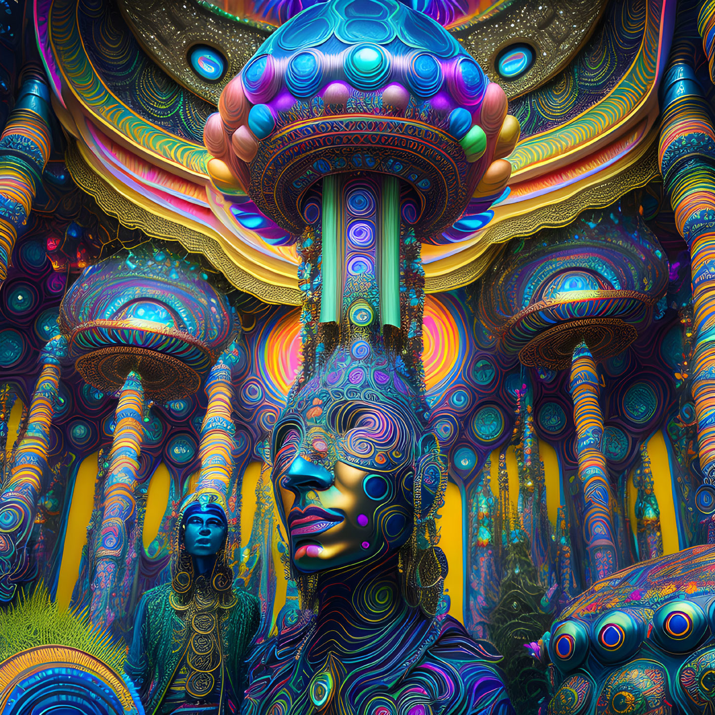 Colorful Psychedelic Artwork with Humanoid Figures and Mushroom Structures