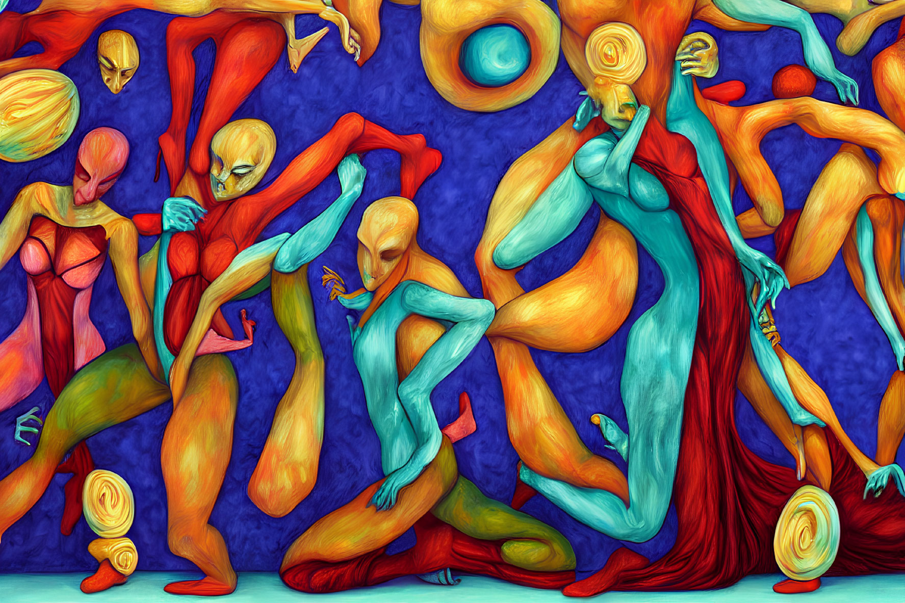 Colorful Abstract Humanoid Figures Dancing on Blue Background