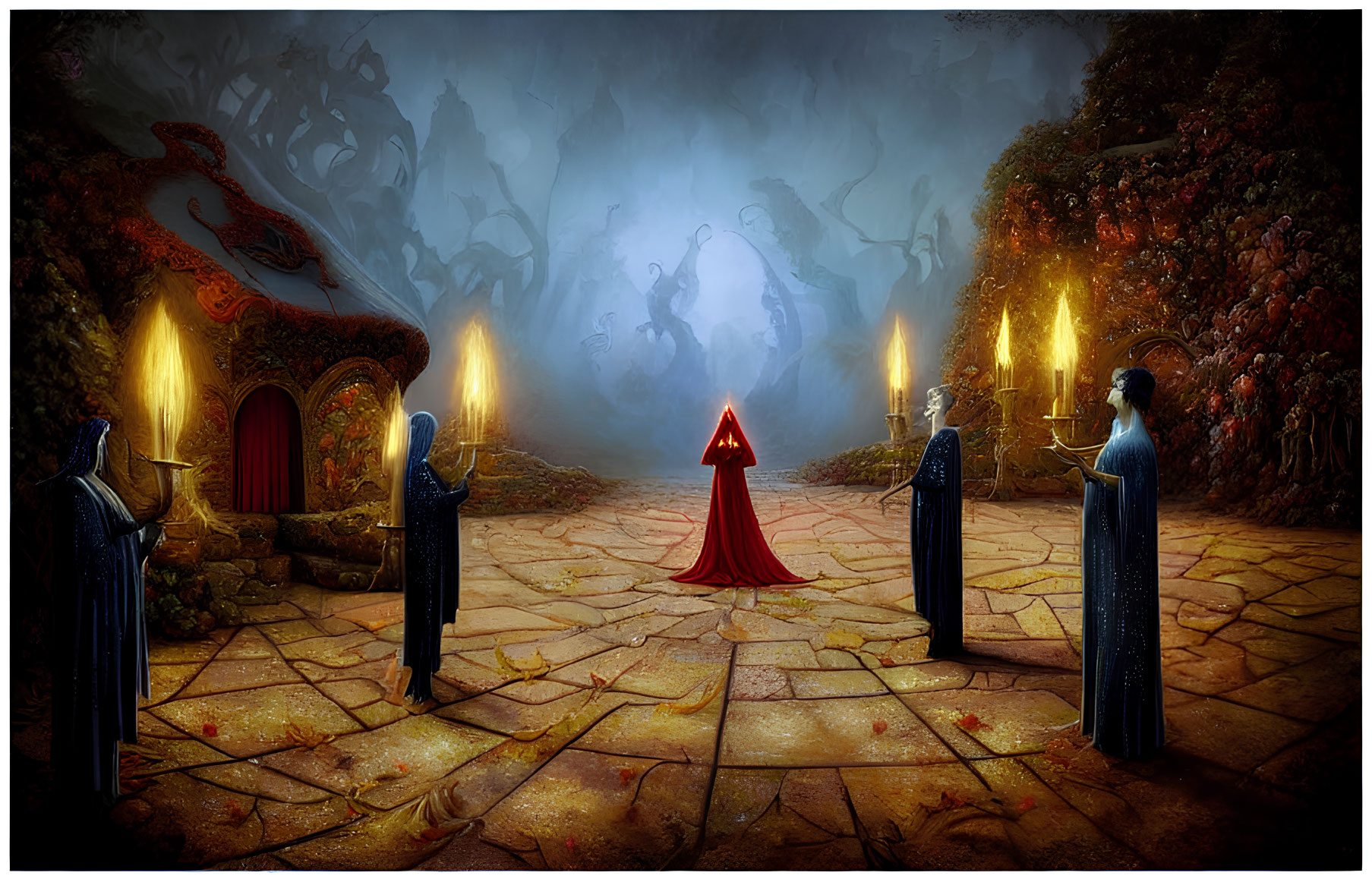 Mystical circle with statues and torches in eerie forest