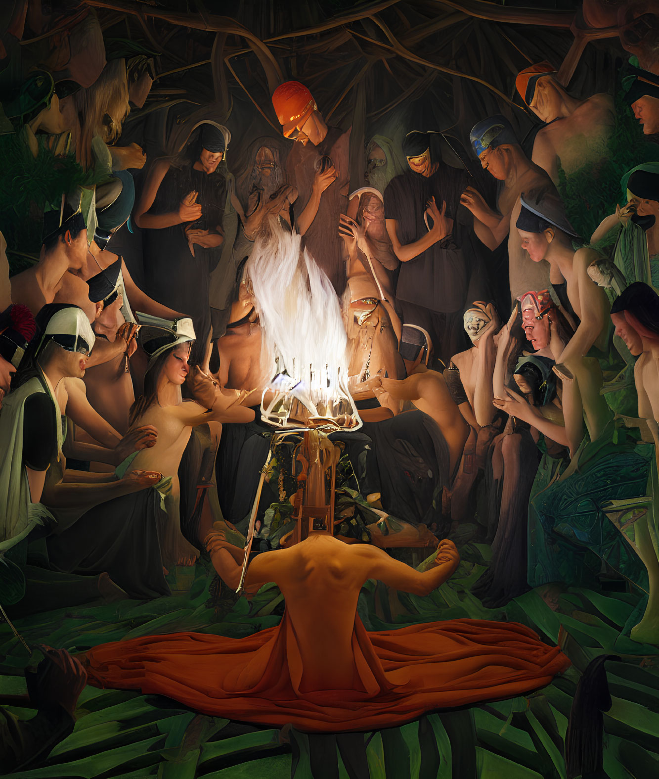 Surreal painting: figures around central fire with inverted torso and chandelier